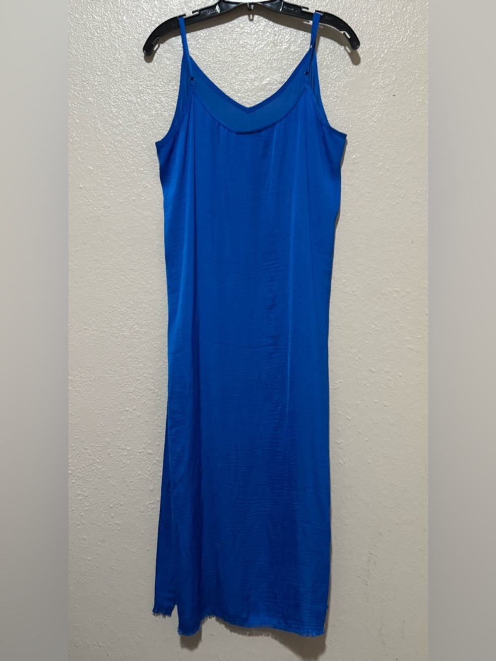 Aerie Sz XL Royal Blue Maxi Satin Slip Dress Raw Hem Leg Slits Resort Vacay - Picture 2 of 11